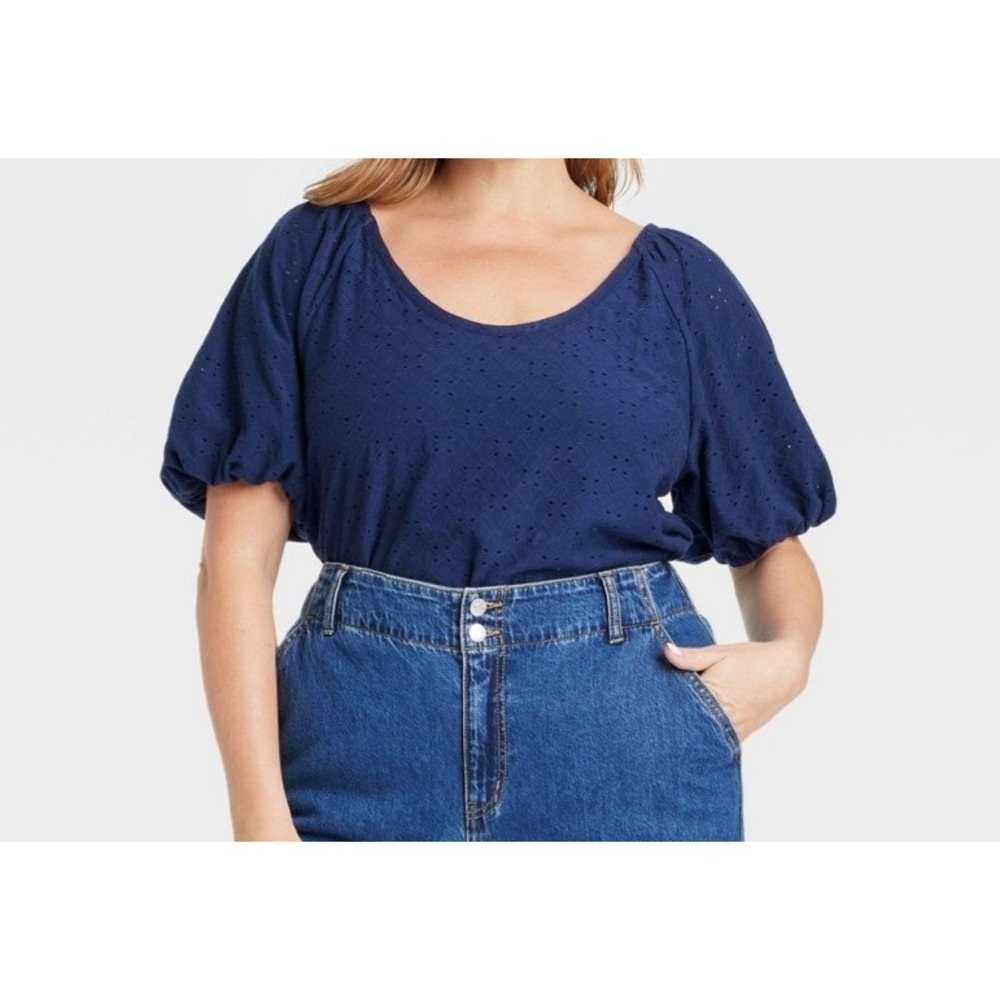 Ava & Viv Women's Puff Short Sleeve Eyelet Peasant Top Blue Size 1X